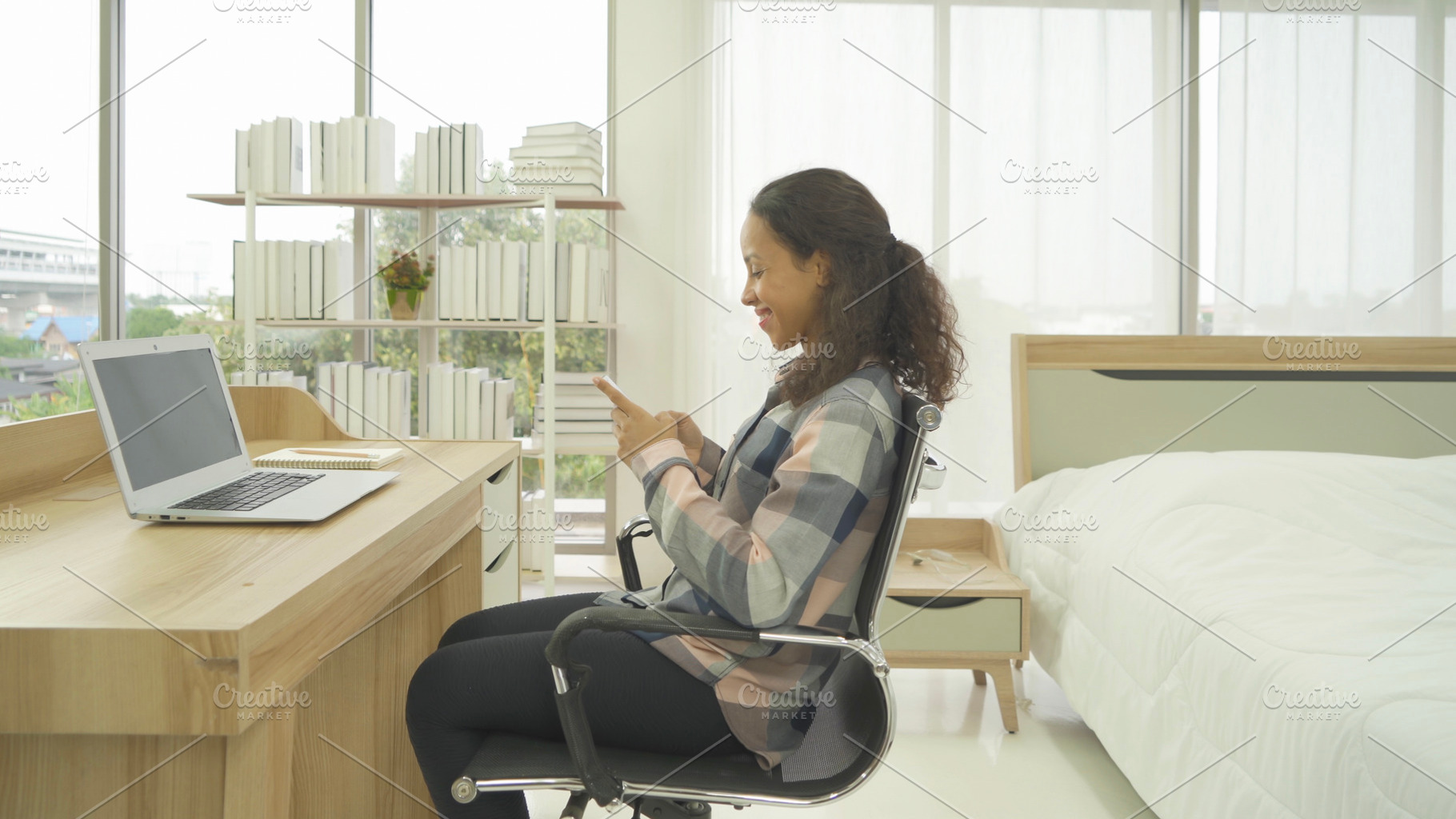 Relax happy latin young businesswoman. People typing on smartpho, a Person Photo by Tampatra
