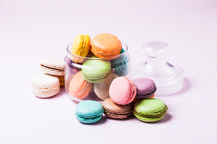 Colorful macaroons featuring assorted, assortment, and background, a Food & Drink Photo by oksix