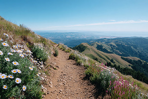 Scenic mountain view from a hiking trail adorned with wildflowers on a clear da, a Nature Photo by AlyaAnd
