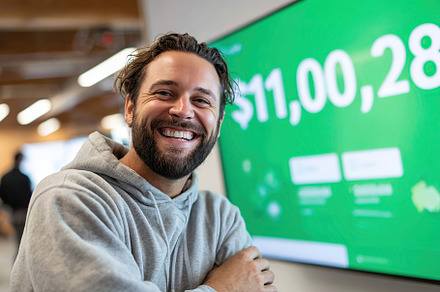 Founder smiles proudly near digital display showing impressive funding mileston, a Business Photo by AlyaAnd