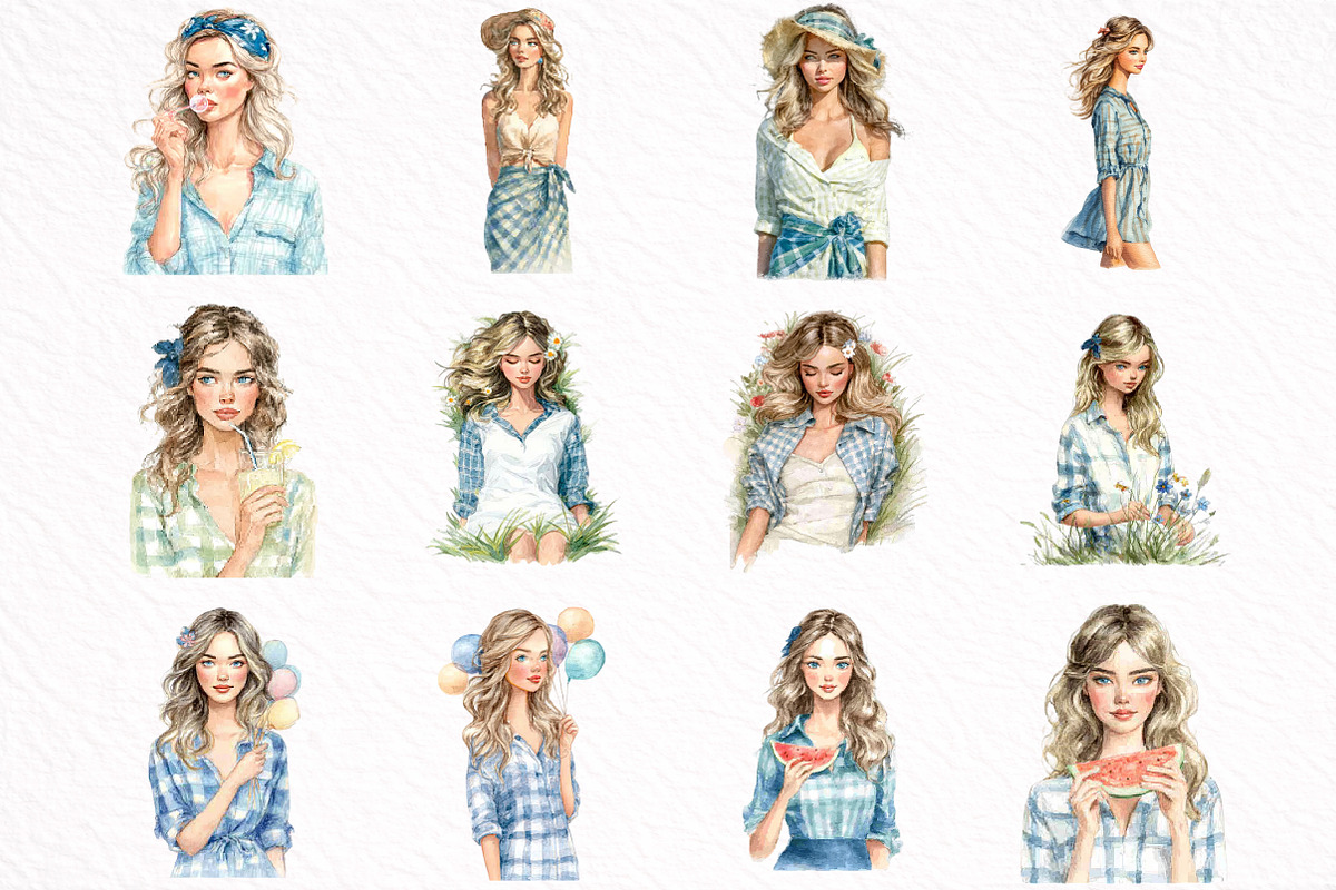 Watercolor Summer Girl Clipart Bundl, an Illustration by DreamArtGraphic (Photo 3 of 8)
