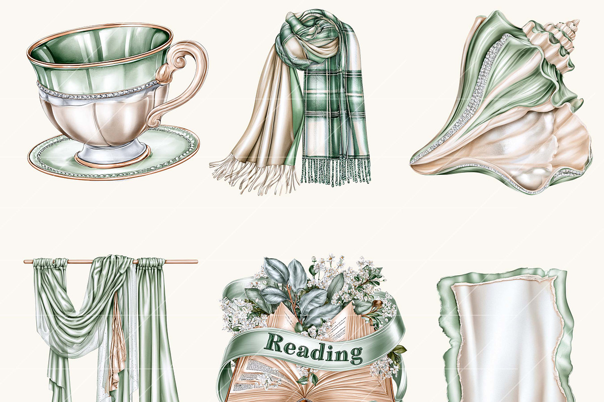 Watercolor Cozy Green Lifestyle, an Object Illustration by BusyDaydesign (Photo 3 of 9)