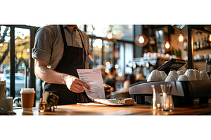 Male Coffee Shop Worker Scanning, a Business Photo by piter.goskov