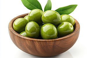 Green olives in a wooden bowl with l, a Food & Drink Photo by Pixeness Studio