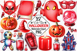 Red Halloween Watercolor Clipart, an Illustration by RobertsArt