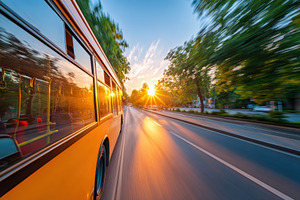 Modern city bus driving at sunset, a Transportation Photo by AlyaAnd