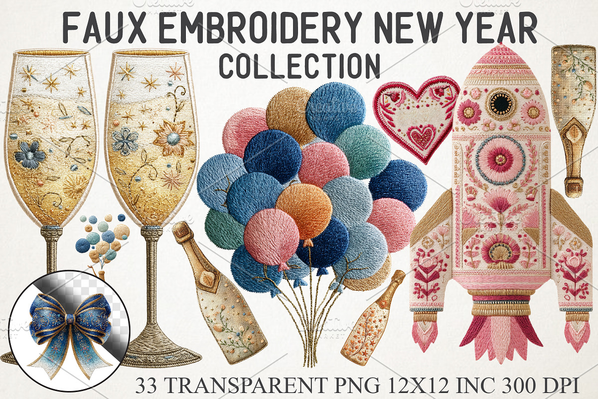 Faux Embroidery New Year Clipart, a Seasonal Illustration by RobertsArt (Photo 1 of 7)
