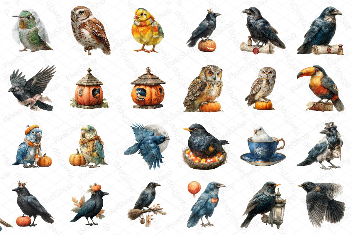 Watercolor Halloween Birds Clipart, an Illustration by DreamPrint404 (Photo 2 of 5)