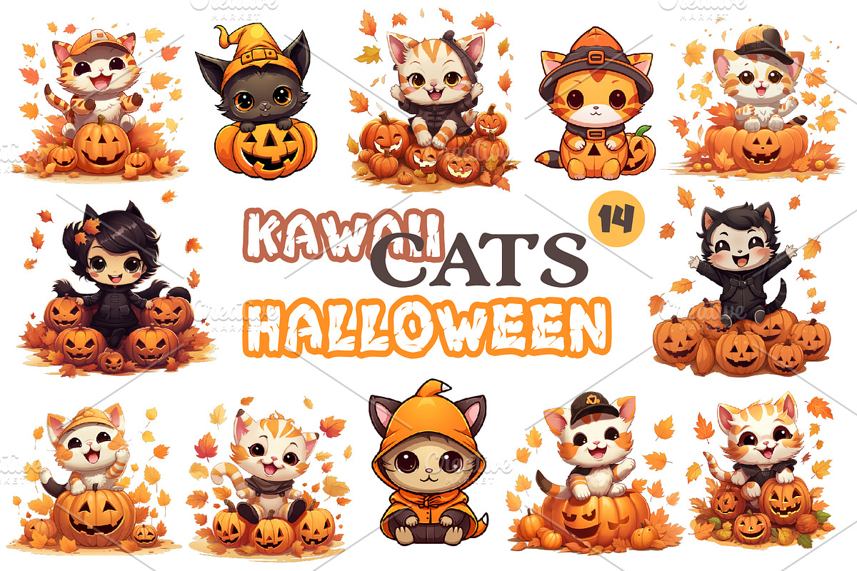 Cute Kawaii Cats for Halloween., an Animal Illustration by KENO Mascots (Photo 1 of 8)