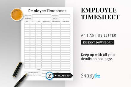 Fillable Employee Timesheet, a Print Template by Snapybiz