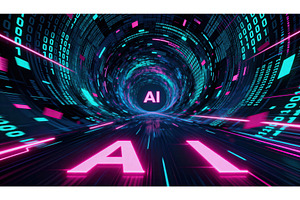AI tunnel of glowing code and neon, a Technology Photo by tilialucida