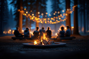 Friends enjoy a cozy evening around a campfire under twinkling lights in the wo, a Photo by AlyaAnd