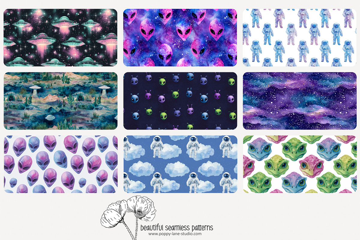 80 watercolour UFO seamless pattern, a Pattern Graphic by Poppy Lane Studio (Photo 11 of 11)