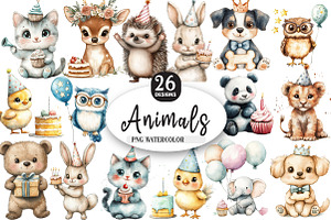 Birthday Baby Animal Clipart png, an Illustration by Watercolor design