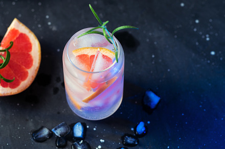 Stylish summer ice alcoholic cocktail with grapefruit and rosemary. Gin and ton, a Food & Drink Photo by PavelKant
