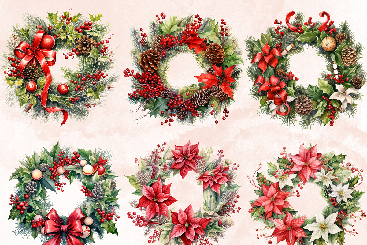 Watercolor Christmas Wreath Clipart, an Illustration by GiraffeCreative (Photo 6 of 9)