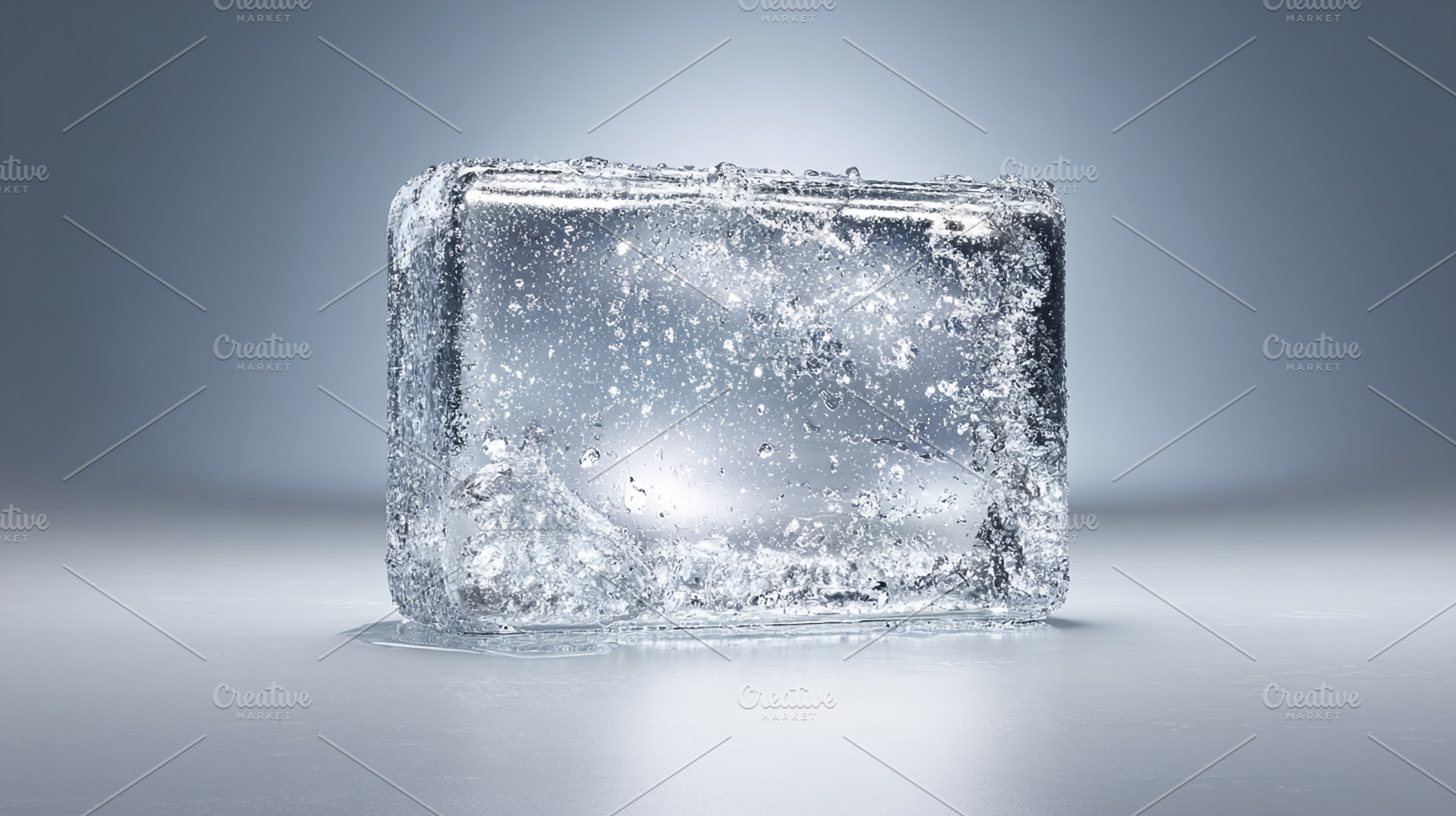 Ice cube melting on a reflective surface showing refreshing cold, a Photo by Studio ANNA