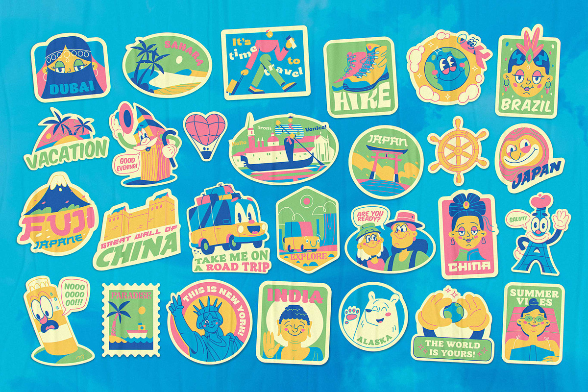 Retro Stickers. Big Travel Pack., an Object Illustration by Red Monkey (Photo 3 of 12)