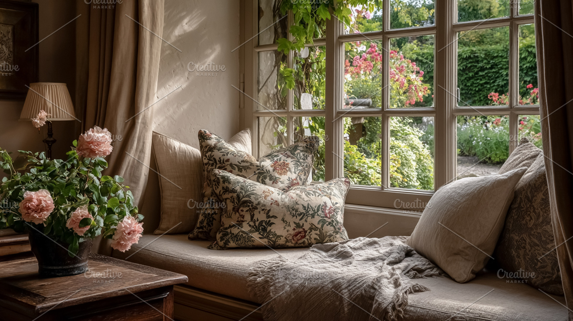 Cozy cottagecore window seat with cushions and blanket, overlook, a Photo by Studio ANNA