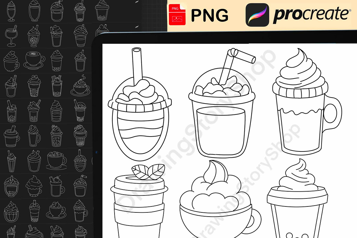 150 Procreate Coffee Drinks Stamps, a Brush Add-On by DrawingStoryShop