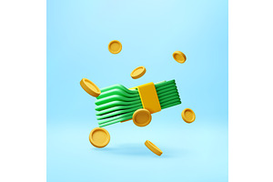 3D Green wad of cash and gold coins, a Finance Illustration by Abscent