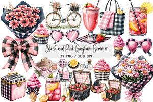 Black and Pink Gingham Summer Clipar, an Illustration by DreamArtGraphic