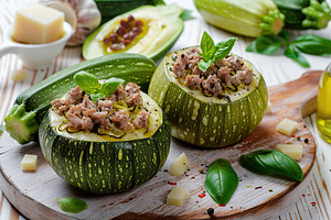 Zucchini stuffed with cheese and meat on wooden background, a Food & Drink Photo by AlyaAnd