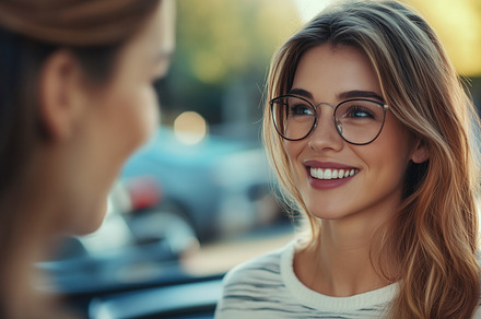 Smiling friends talking on a street, a Person Photo by MistyDay
