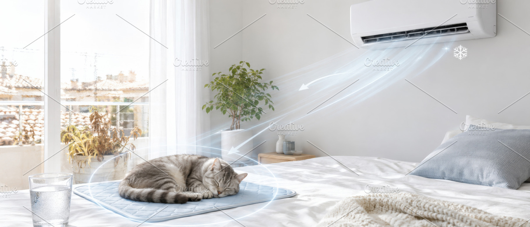Air conditioner cooling bedroom with, a Photo by Dvoevnore photos