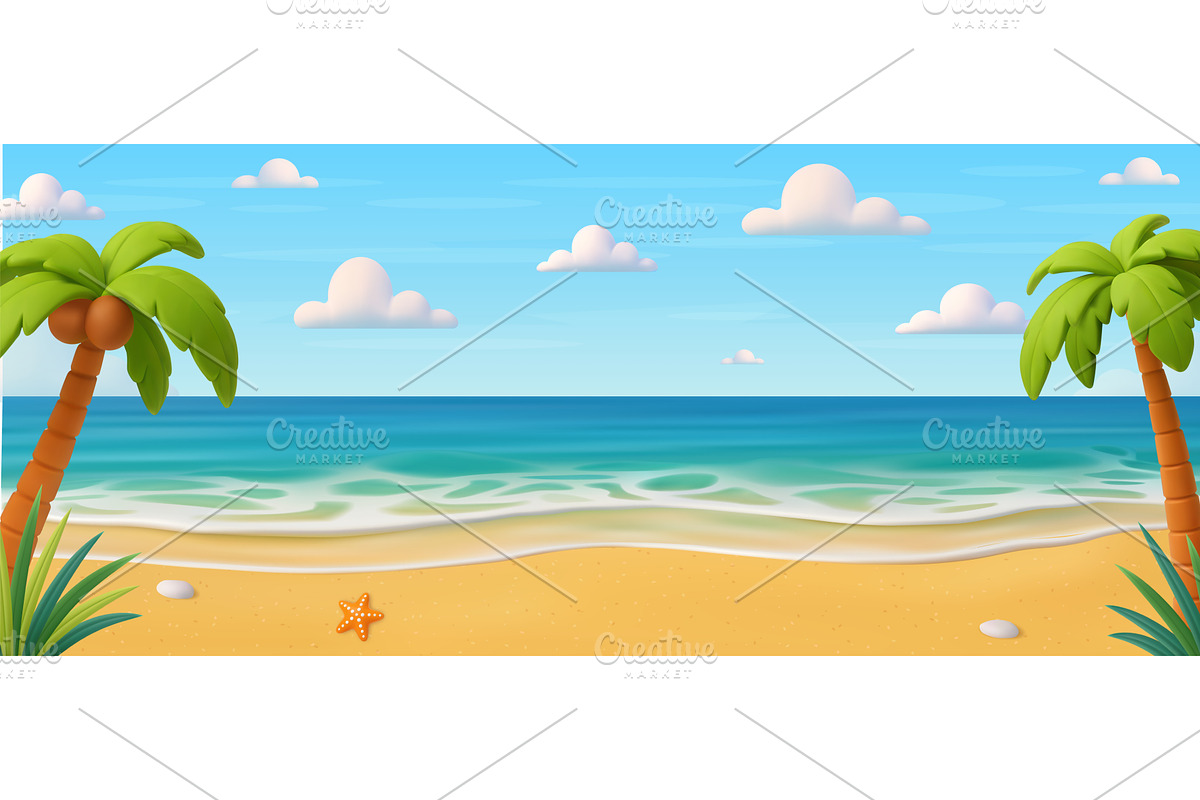 3d Cartoon summer beach., an Illustration by ModVector