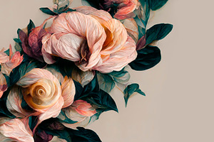 Pastel roses bouquet frame in baroque style on pink background., a Nature Photo by hitdelight