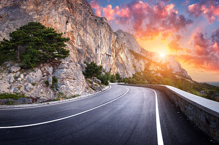 Landscape with mountain road featuring road, landscape, and mountain, a Transportation Photo by den-belitsky