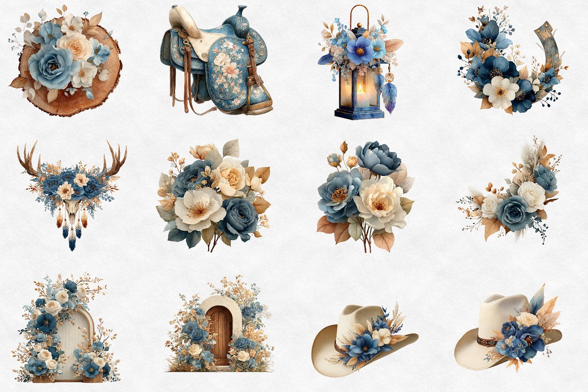 Watercolor Blue Western Boho Clipart, an Illustration by Designworld (Photo 2 of 6)