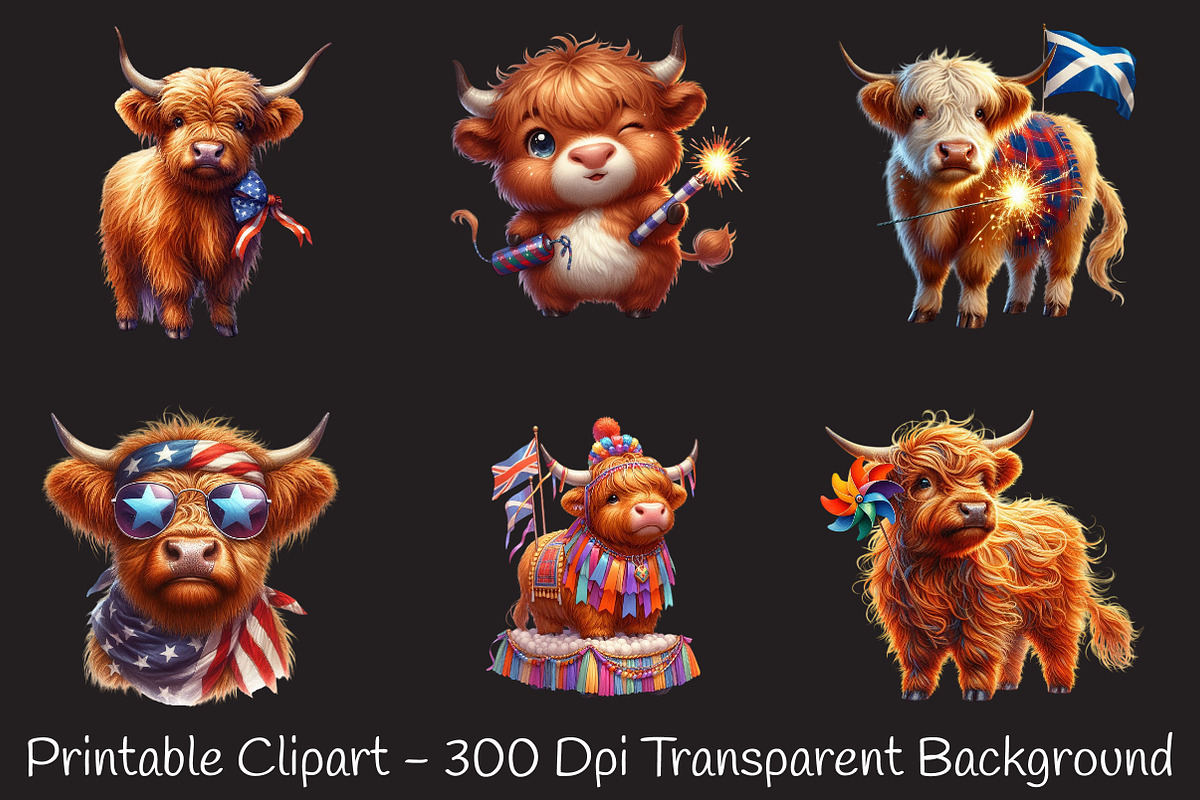 4th July Highland Cow Sublimation PN, a Seasonal Illustration by RobertsArt (Photo 4 of 7)