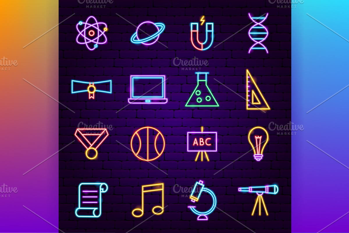 Education Back to School Neon Icons, an Outline Icon by Anna_leni (Photo 2 of 11)