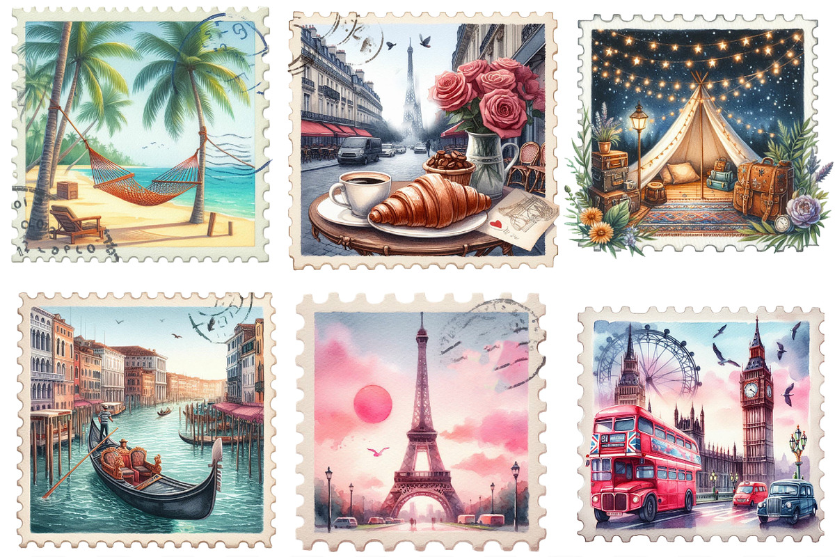 Watercolor Travel Postage Stamp PNG, an Illustration by Designking (Photo 3 of 4)
