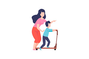 Mother Teaching Son to Ride Kick, a Person Illustration by TopVectors