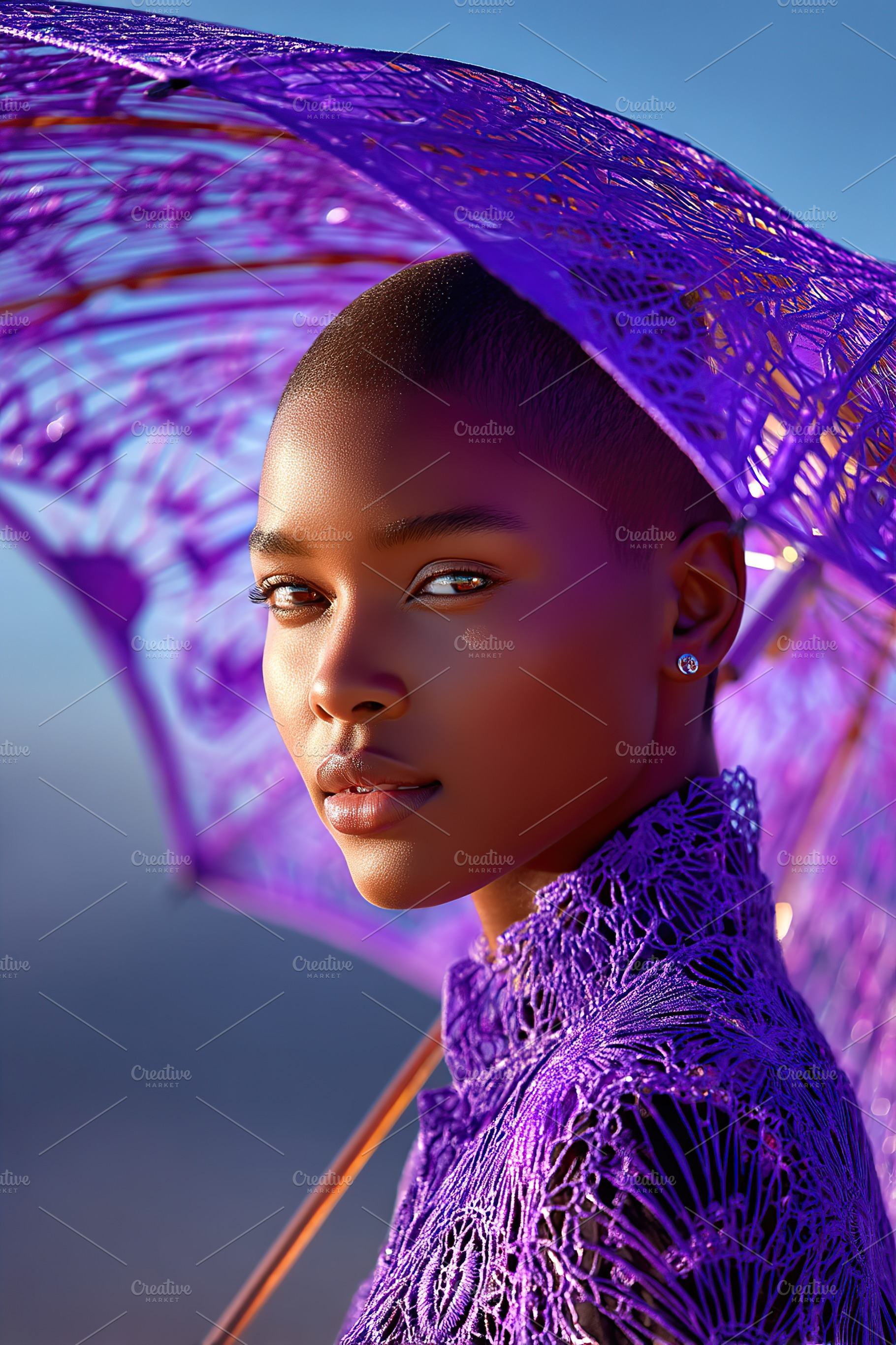 Striking young African woman holding a purple umbrella against a soft, illumina, a Person Photo by AlyaAnd