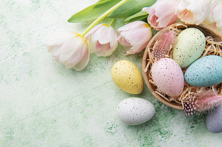 Bowl with Easter eggs painted pastel colors on a green wooden ba, a Holiday Photo by Olena Rudo
