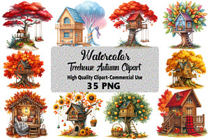 Watercolor Autumn Treehouse Clipart, an Illustration by Daily.Designs