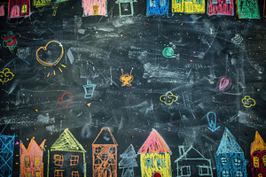 A Seamless Colorful Chalk Drawing On A Blackboard Featuring Various Houses, Hea