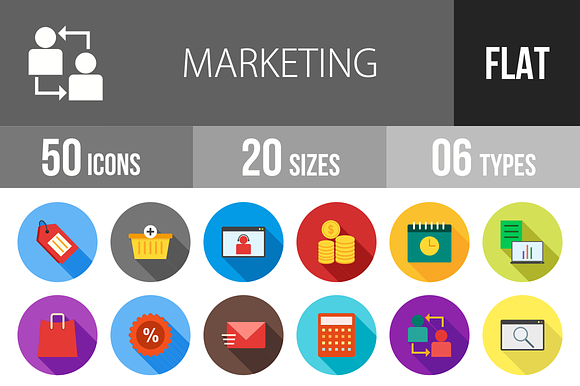 50 Marketing Flat Shadowed Icons
