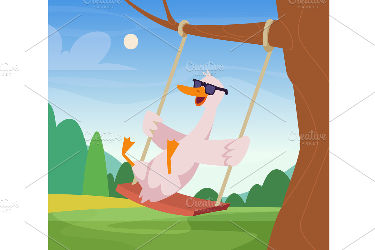Duck on swing. outdoor background, an Animal Illustration by Onyx