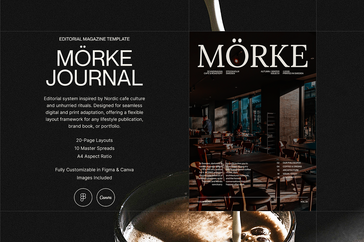 MÖRKE Cafe Editorial Magazine Canva, a Magazine Template by PaperSlides (Photo 2 of 13)