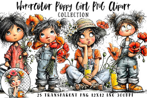 Whimsical Poppy Girl PNG Clipart Set, a Seasonal Illustration by OK Design