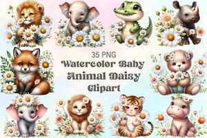 Watercolor Baby Animal Daisy Clipart, an Icon by CraftArtStudio