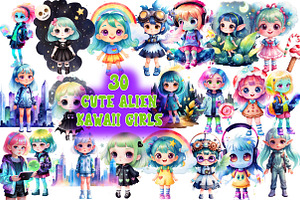 Cute Alien Kawaii Girls Clipart-3, an Illustration by Wow Magic
