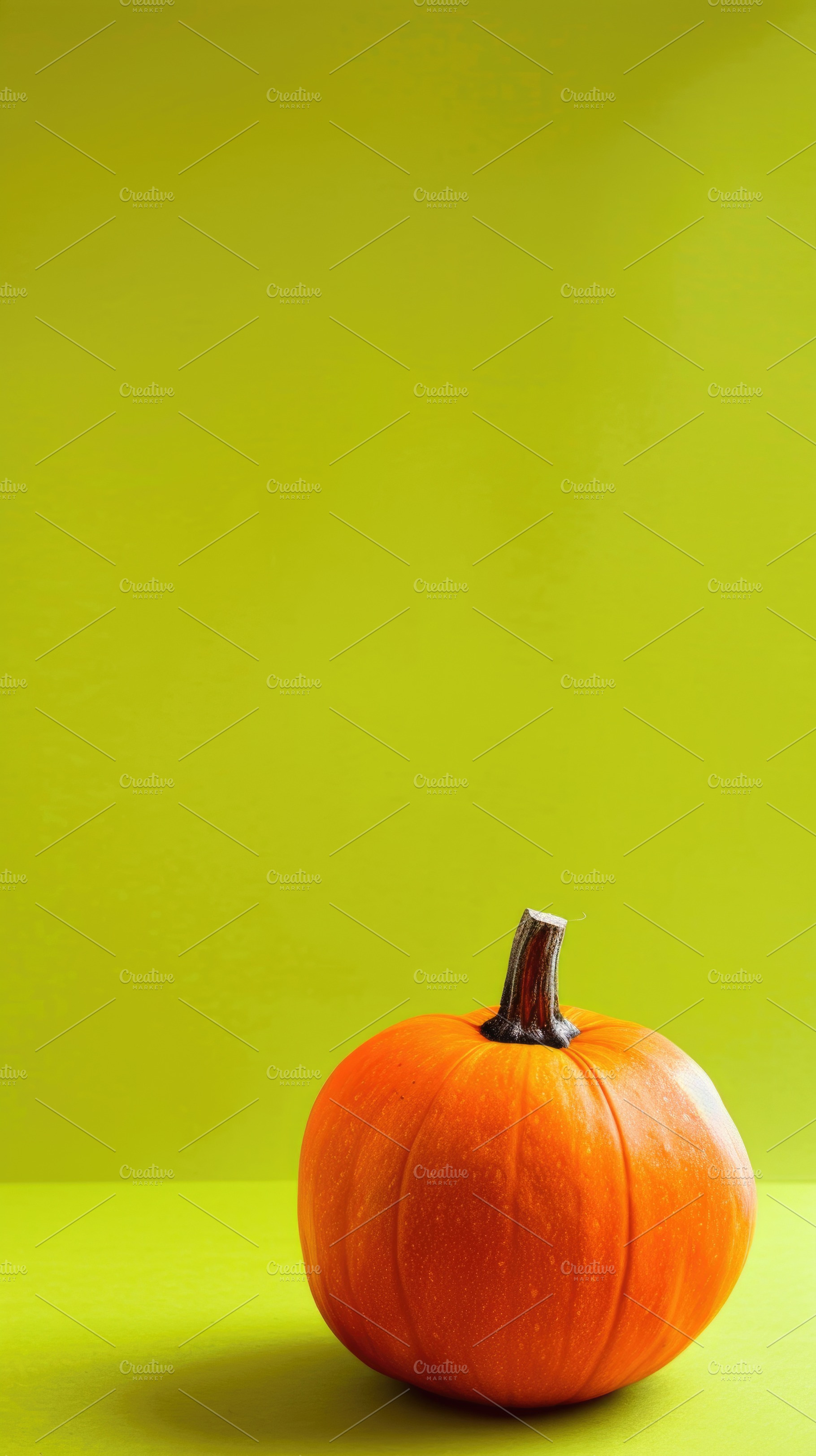 Minimal orange pumpkin on lime green Halloween background, a Food & Drink Photo by José Manuel Gelpi