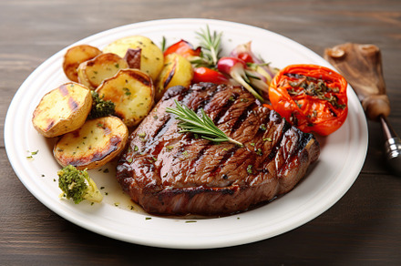 Grilled meat steak with fried potatoes and rosemary in plate on wooden backgrou, a Food & Drink Photo by AlyaAnd