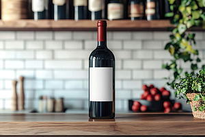 Elegant red wine bottle on wooden table in cozy kitchen setting, a Food & Drink Photo by AlyaAnd